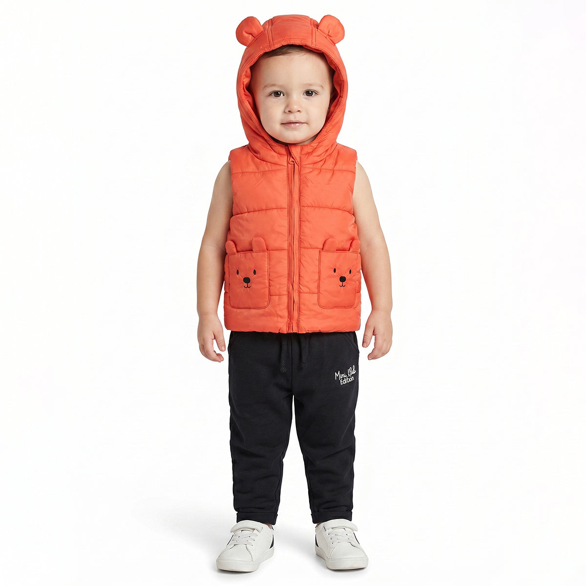 Baby Boys Orange Hooded Puffer Jacket Sleeveless Winter Vest with Animal Pocket Detail