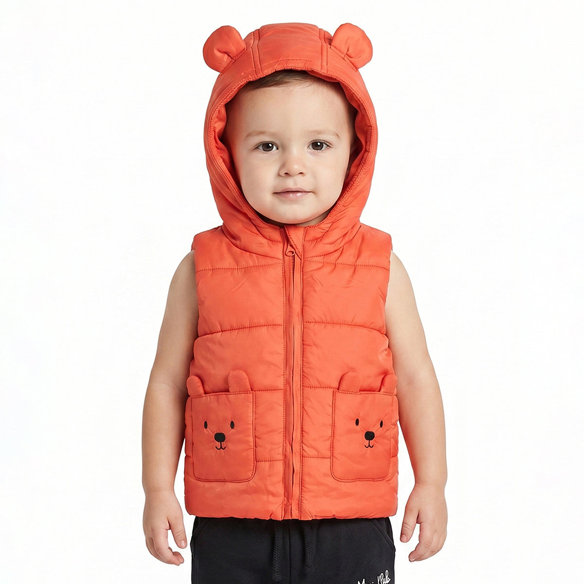 Baby Boys Orange Hooded Puffer Jacket Sleeveless Winter Vest with Animal Pocket Detail