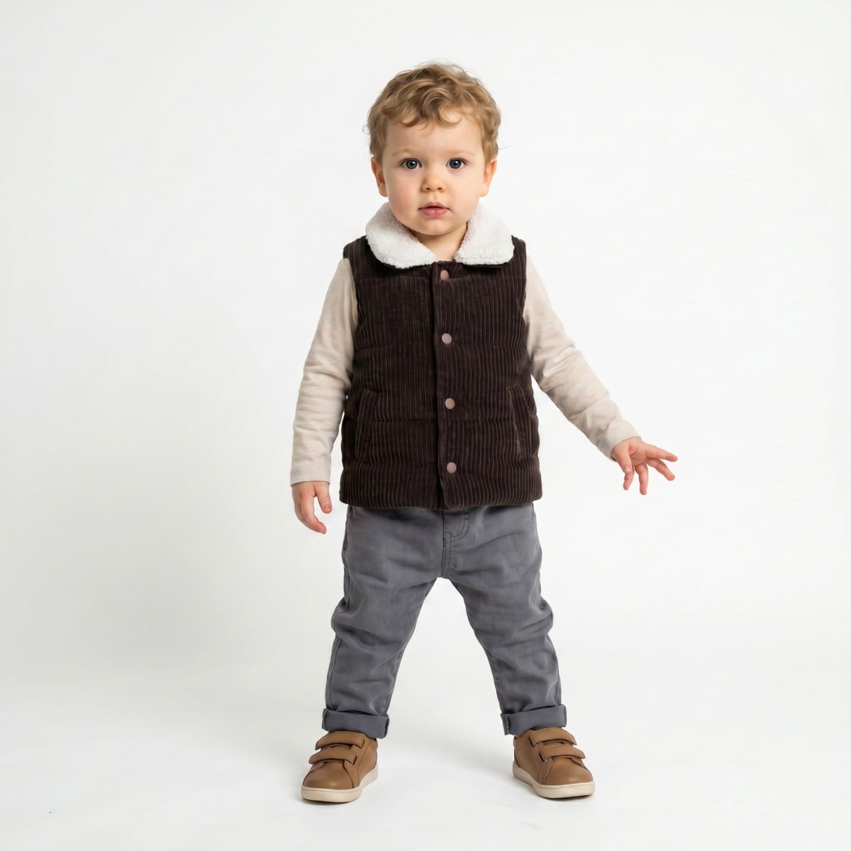 Baby Boys Brown And Cream Cotton Blend Corduroy Padded Gilet Regular Fit Casual Wear