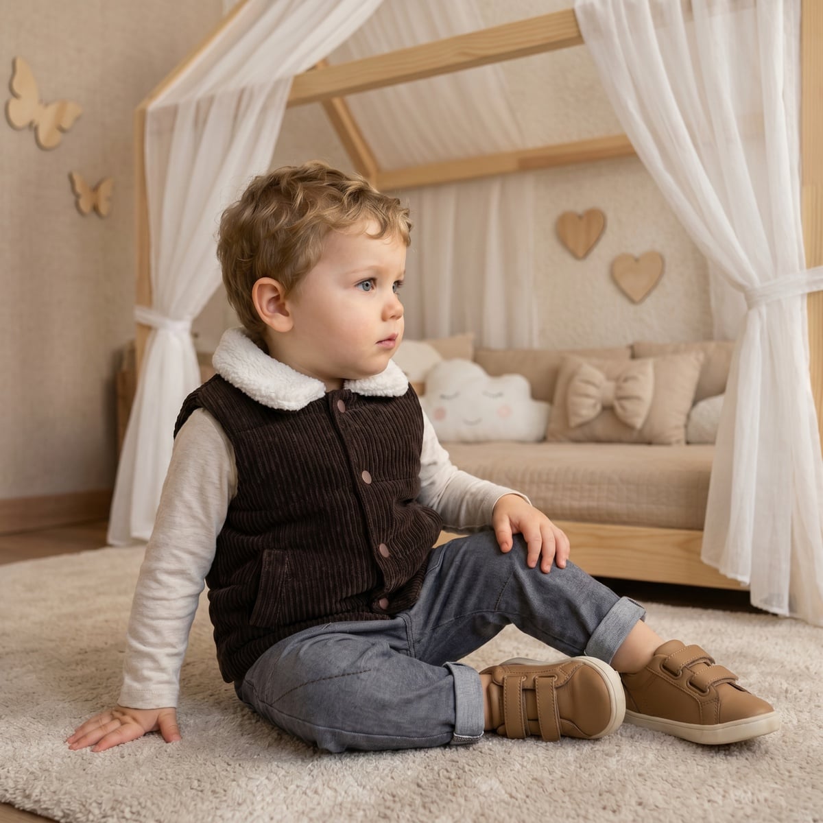 Baby Boys Brown And Cream Cotton Blend Corduroy Padded Gilet Regular Fit Casual Wear