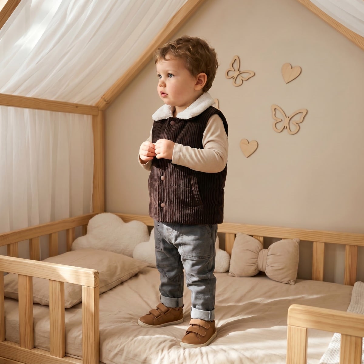 Baby Boys Brown And Cream Cotton Blend Corduroy Padded Gilet Regular Fit Casual Wear