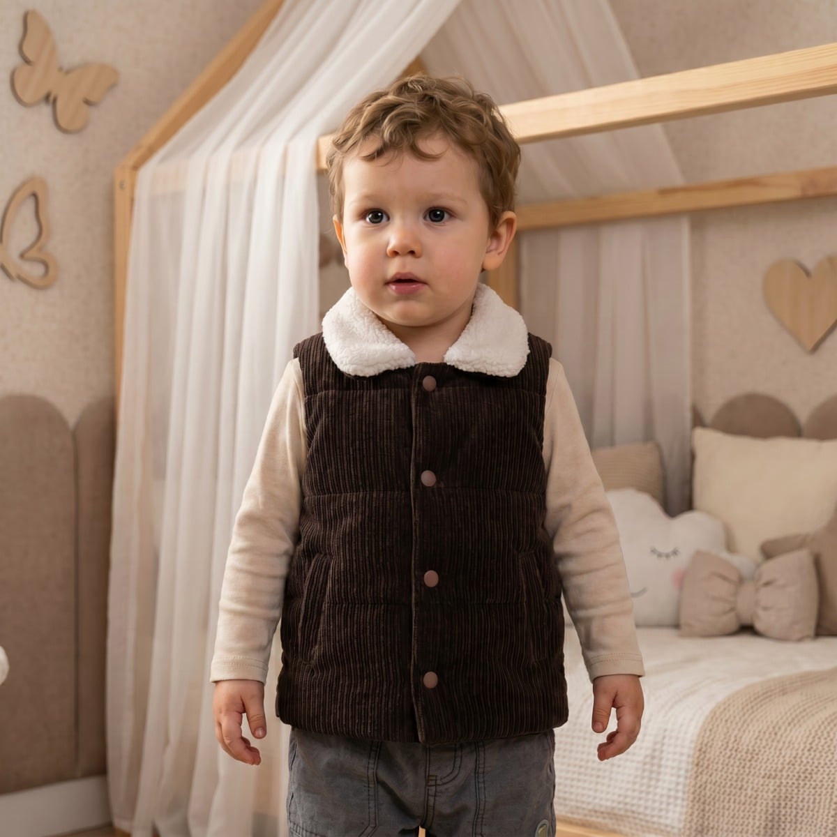 Baby Boys Brown And Cream Cotton Blend Corduroy Padded Gilet Regular Fit Casual Wear