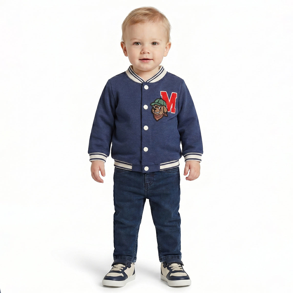 Baby Boys Navy Blue Varsity Jacket Full Sleeves Front Open Casual Winter Sweat Jacket