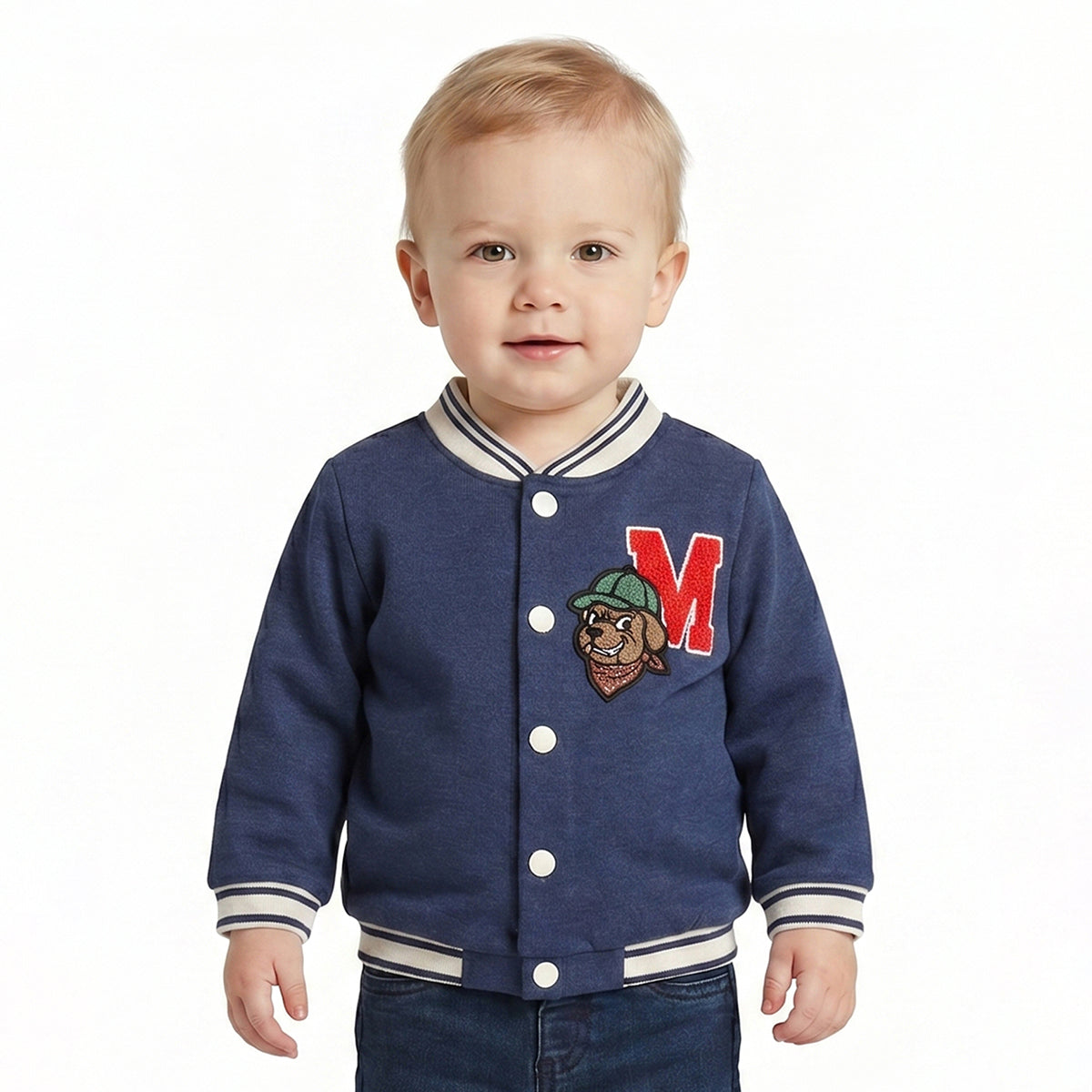 Baby Boys Navy Blue Varsity Jacket Full Sleeves Front Open Casual Winter Sweat Jacket