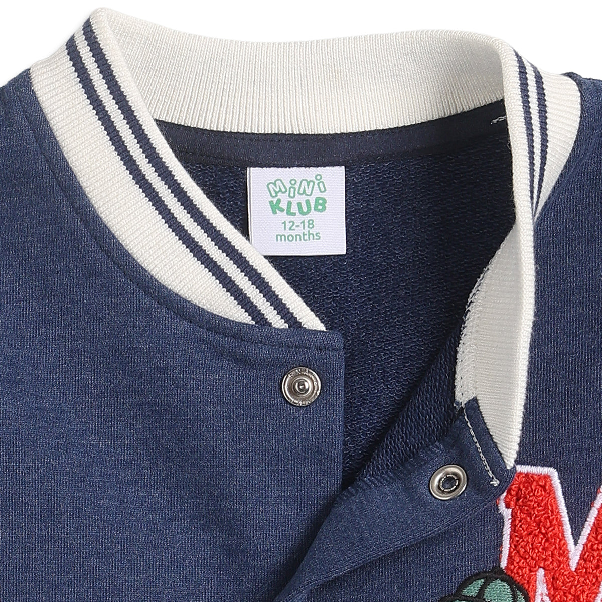 Baby Boys Navy Blue Varsity Jacket Full Sleeves Front Open Casual Winter Sweat Jacket