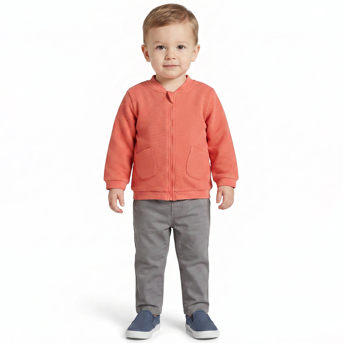 Baby Boys Orange Textured Sweat Jacket Full Sleeves Front Open Casual Winter Jacket