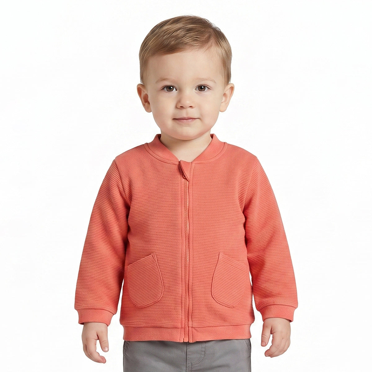 Baby Boys Orange Textured Sweat Jacket Full Sleeves Front Open Casual Winter Jacket