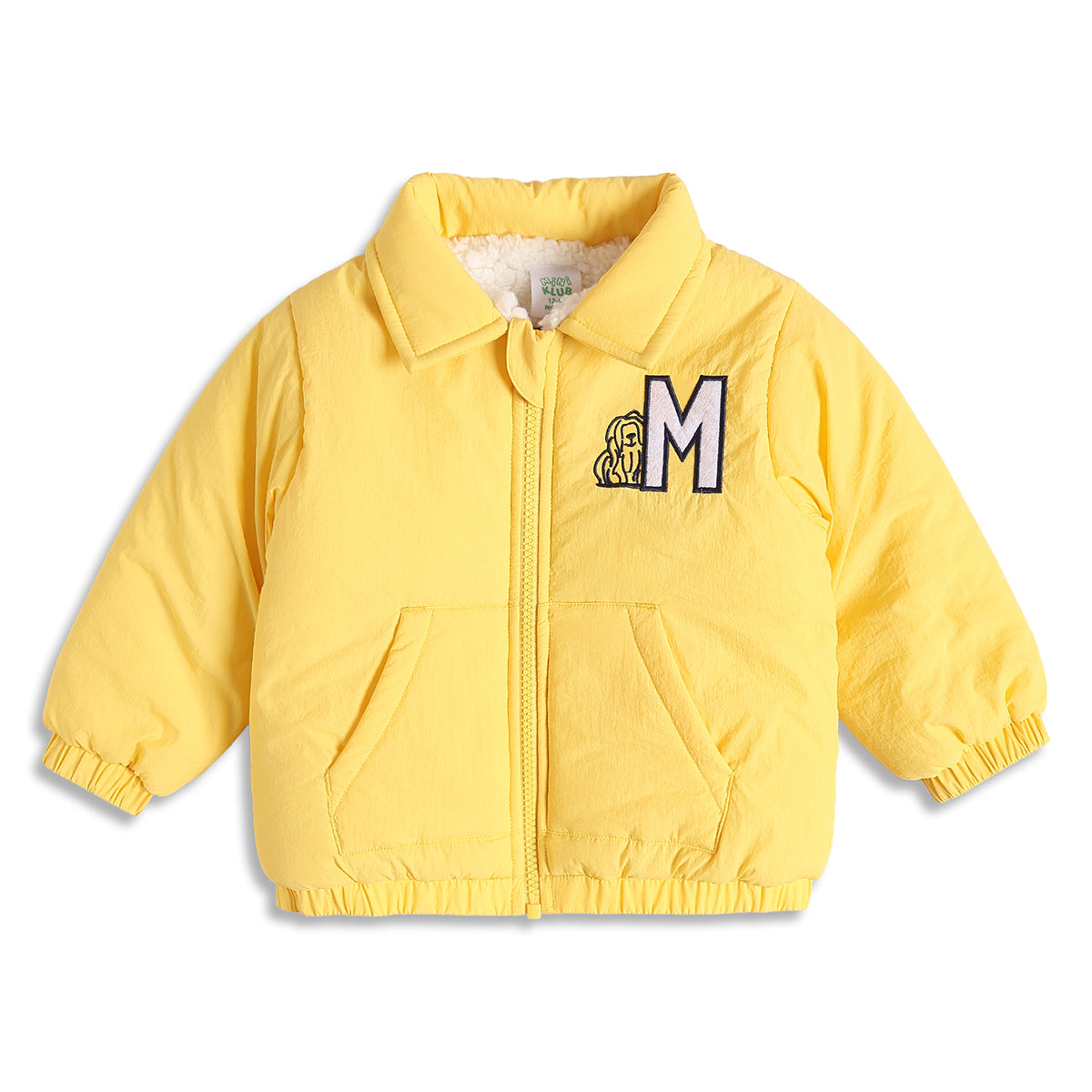 Baby Boys Yellow Puffer Jacket Full Sleeves Front Open Winter Jacket with Sherpa Lining