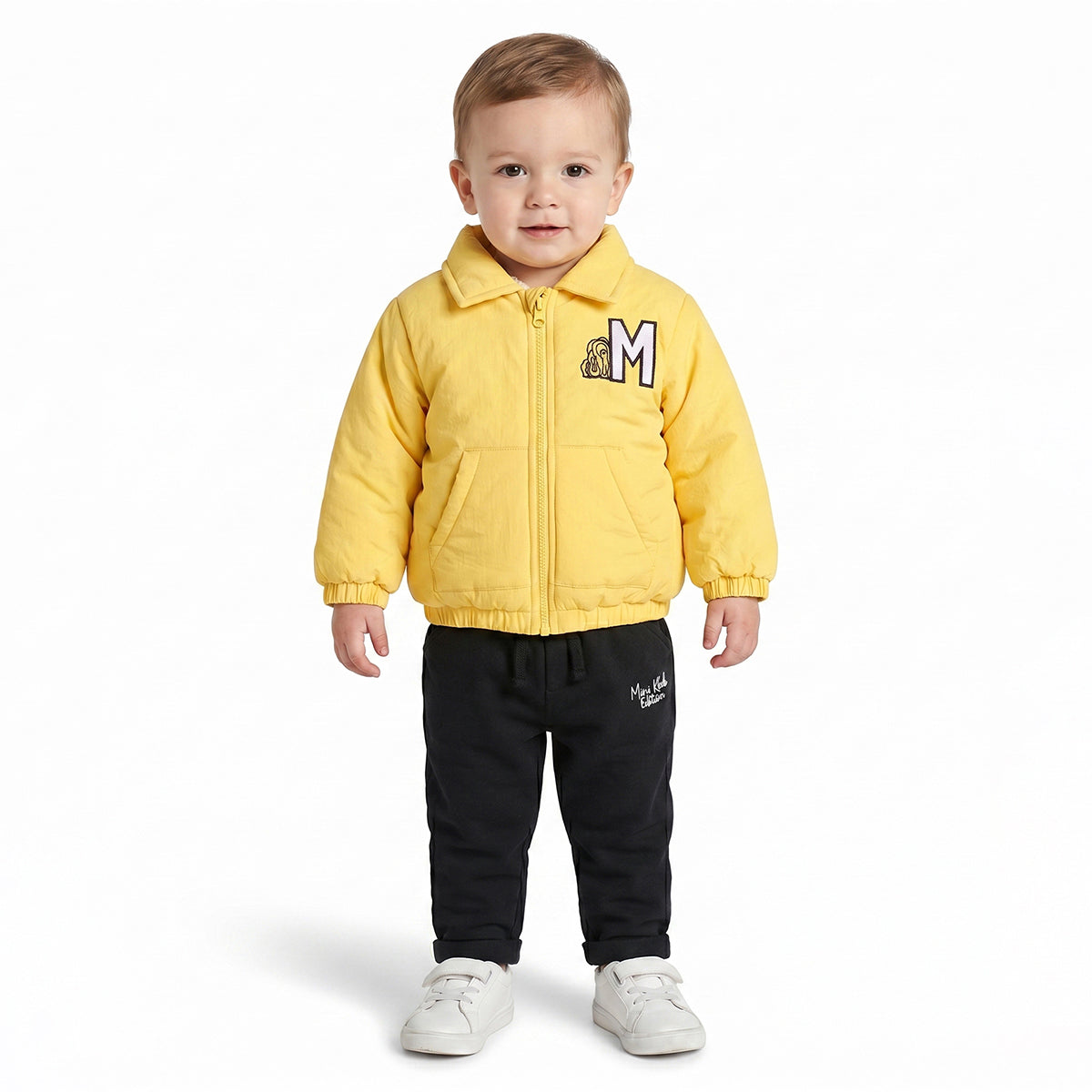 Baby Boys Yellow Puffer Jacket Full Sleeves Front Open Winter Jacket with Sherpa Lining
