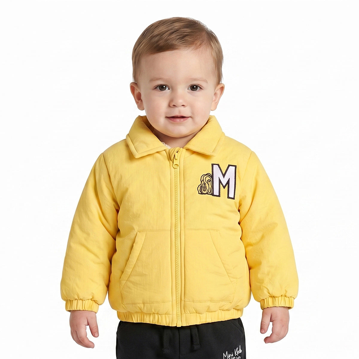 Baby Boys Yellow Puffer Jacket Full Sleeves Front Open Winter Jacket with Sherpa Lining