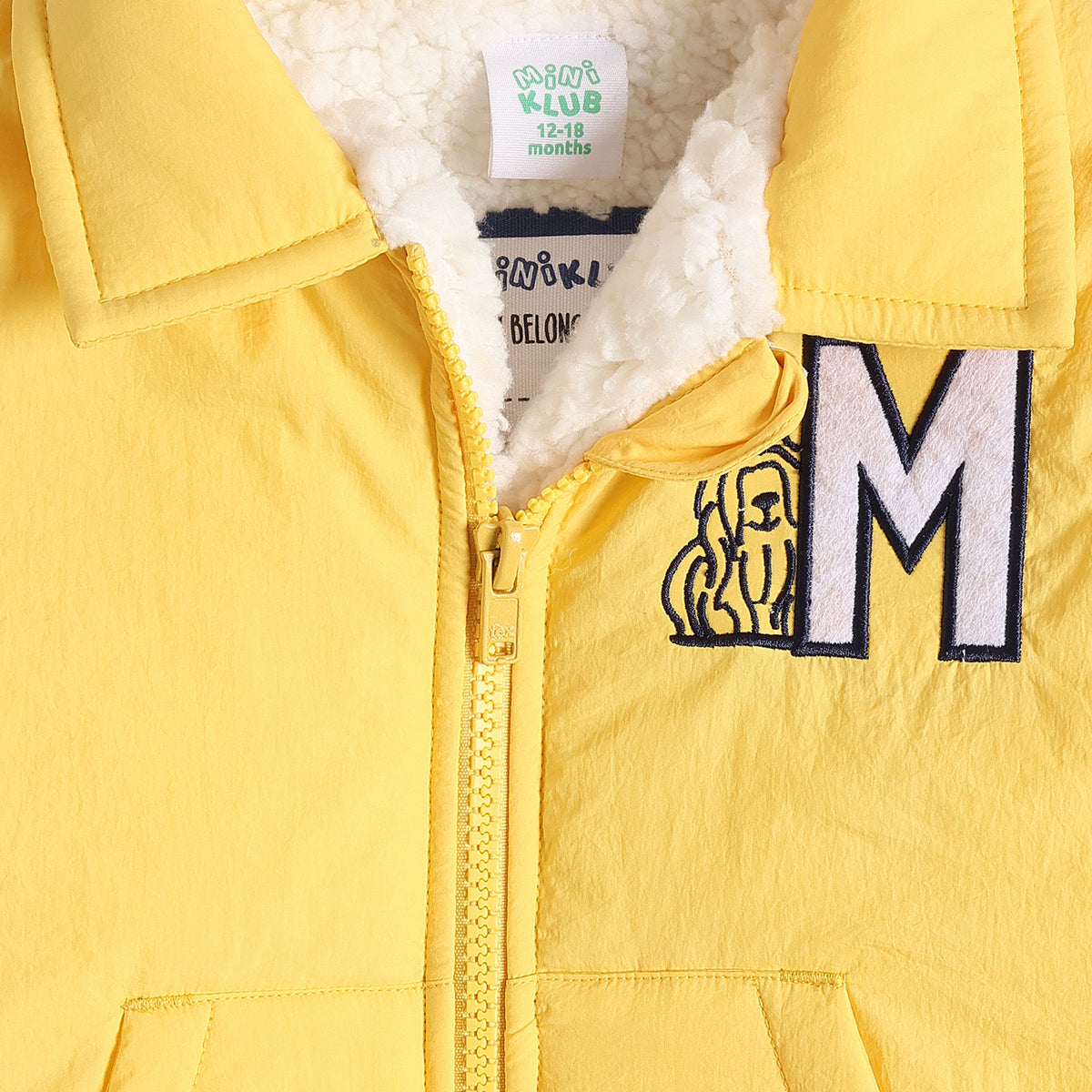 Baby Boys Yellow Puffer Jacket Full Sleeves Front Open Winter Jacket with Sherpa Lining