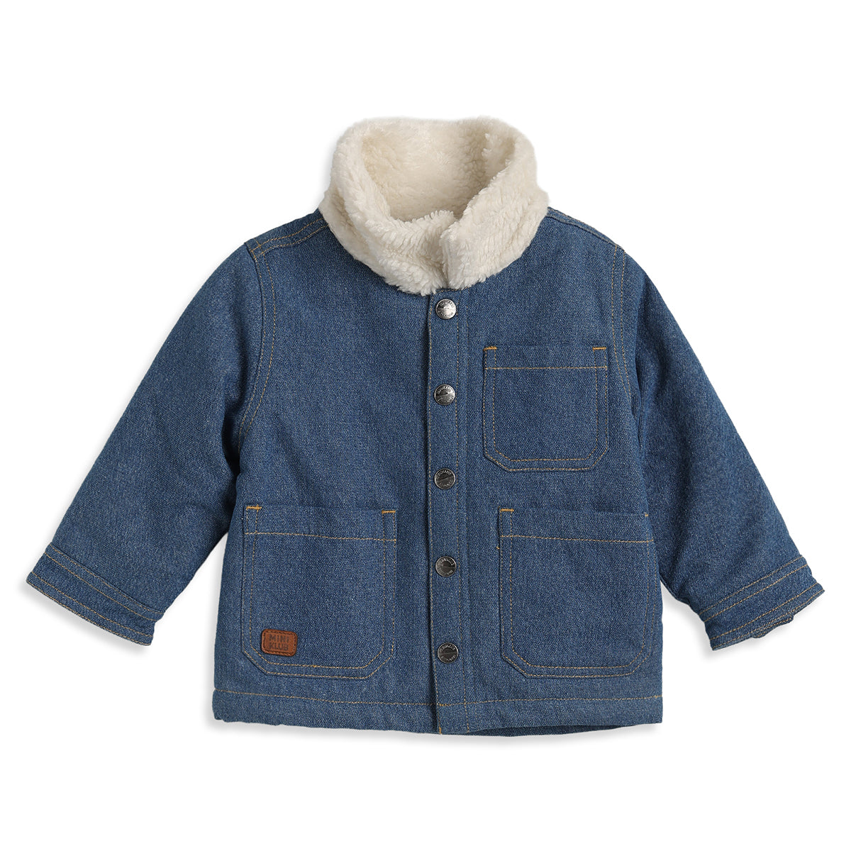 Baby Boys Blue Denim Jacket Full Sleeves Front Open Winter Jacket with Sherpa Collar