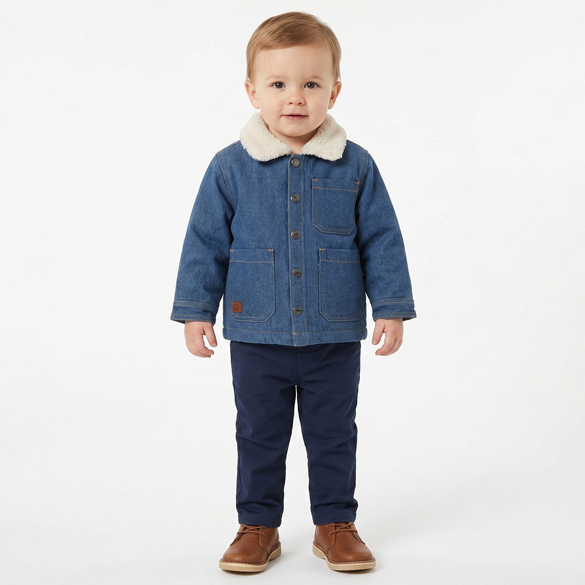 Baby Boys Blue Denim Jacket Full Sleeves Front Open Winter Jacket with Sherpa Collar