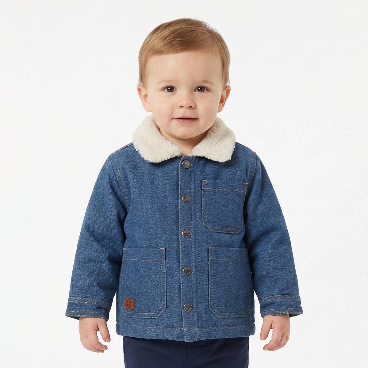 Baby Boys Blue Denim Jacket Full Sleeves Front Open Winter Jacket with Sherpa Collar