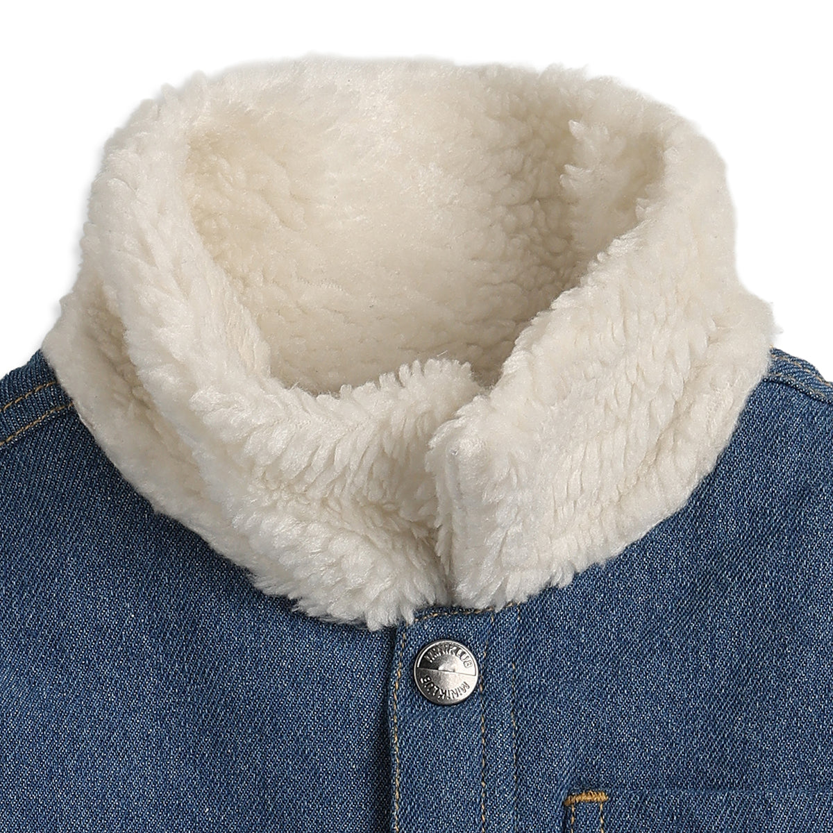 Baby Boys Blue Denim Jacket Full Sleeves Front Open Winter Jacket with Sherpa Collar