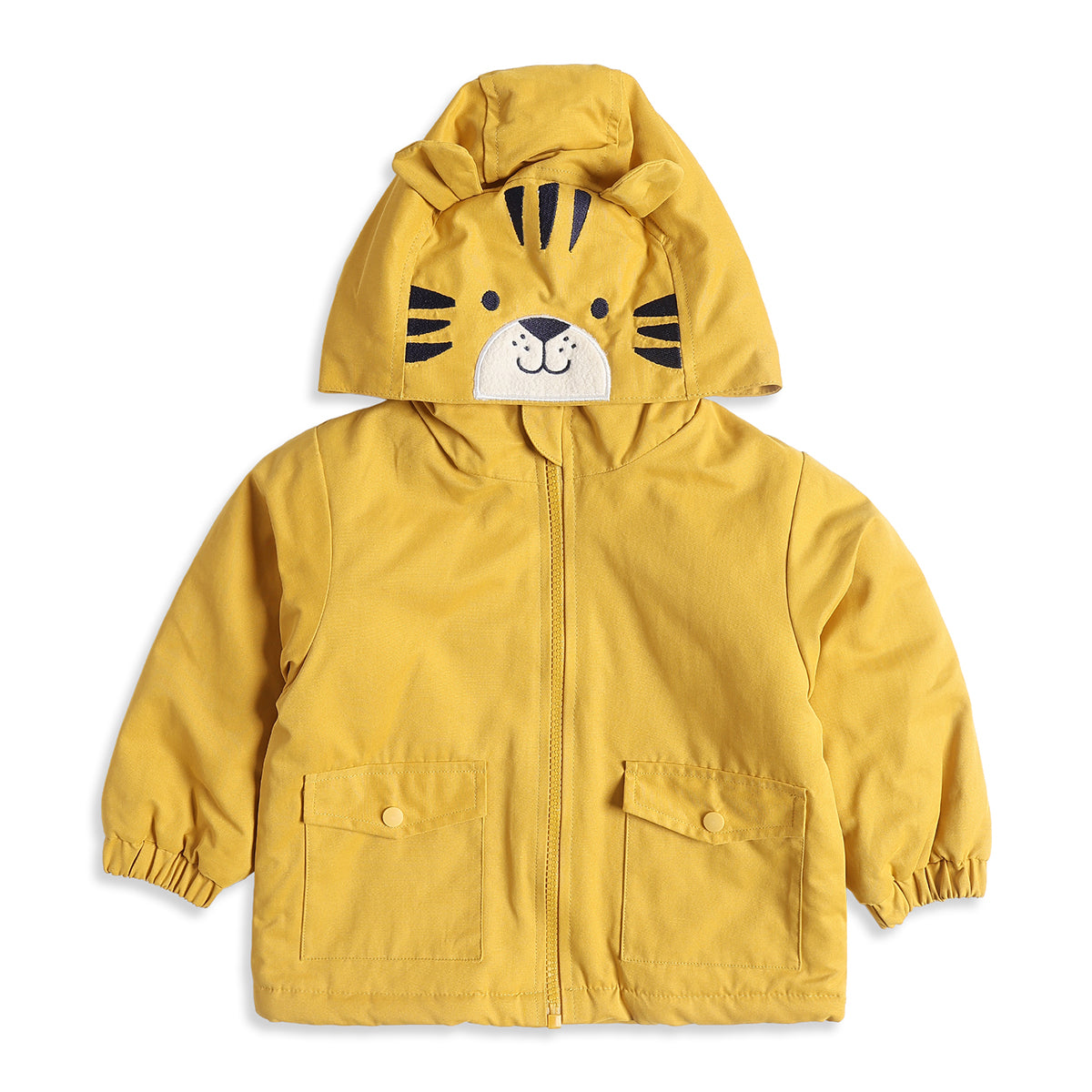 Baby Boys Yellow Hooded Padded Jacket Full Sleeves Front Open Winter Jacket with Tiger Face Hood
