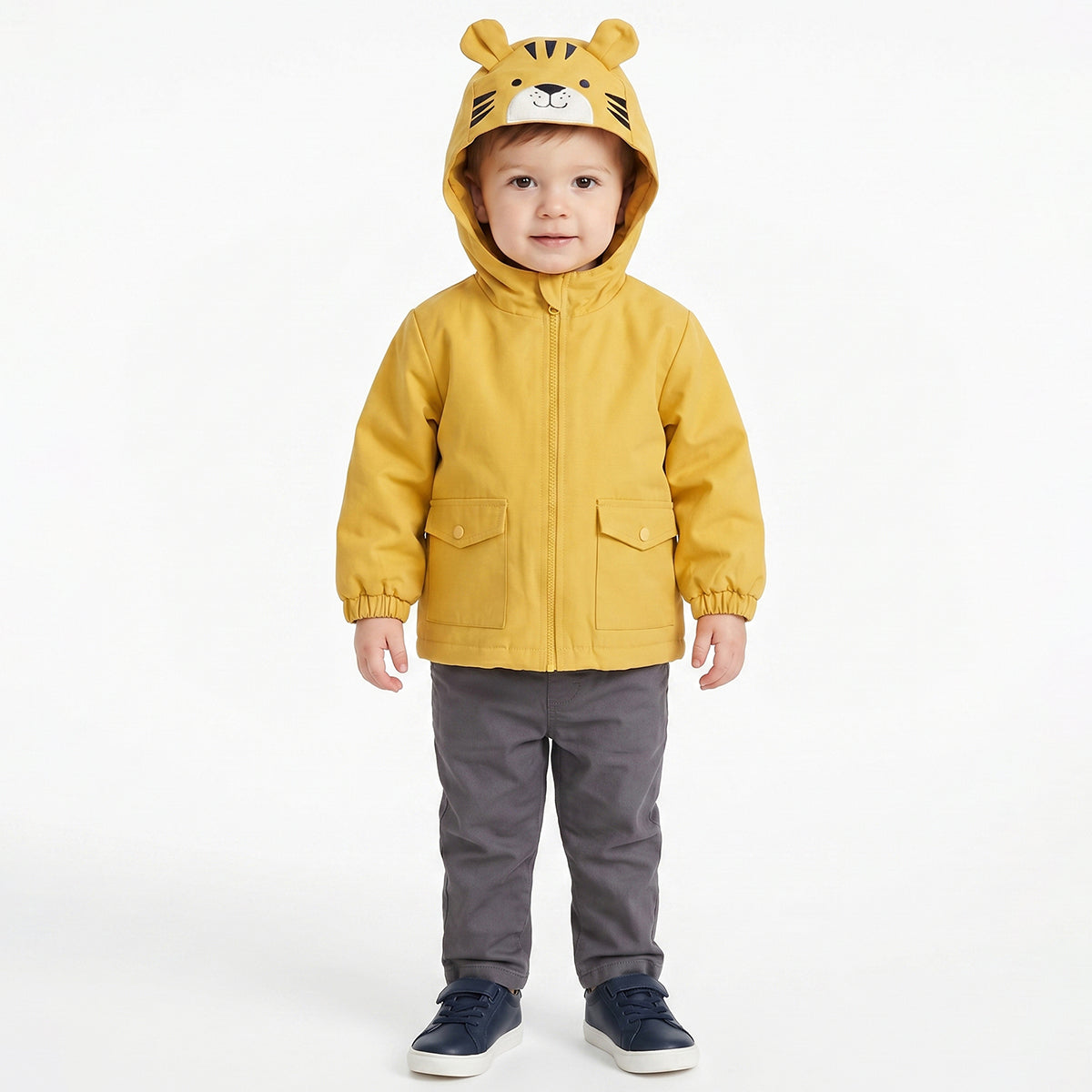 Baby Boys Yellow Hooded Padded Jacket Full Sleeves Front Open Winter Jacket with Tiger Face Hood