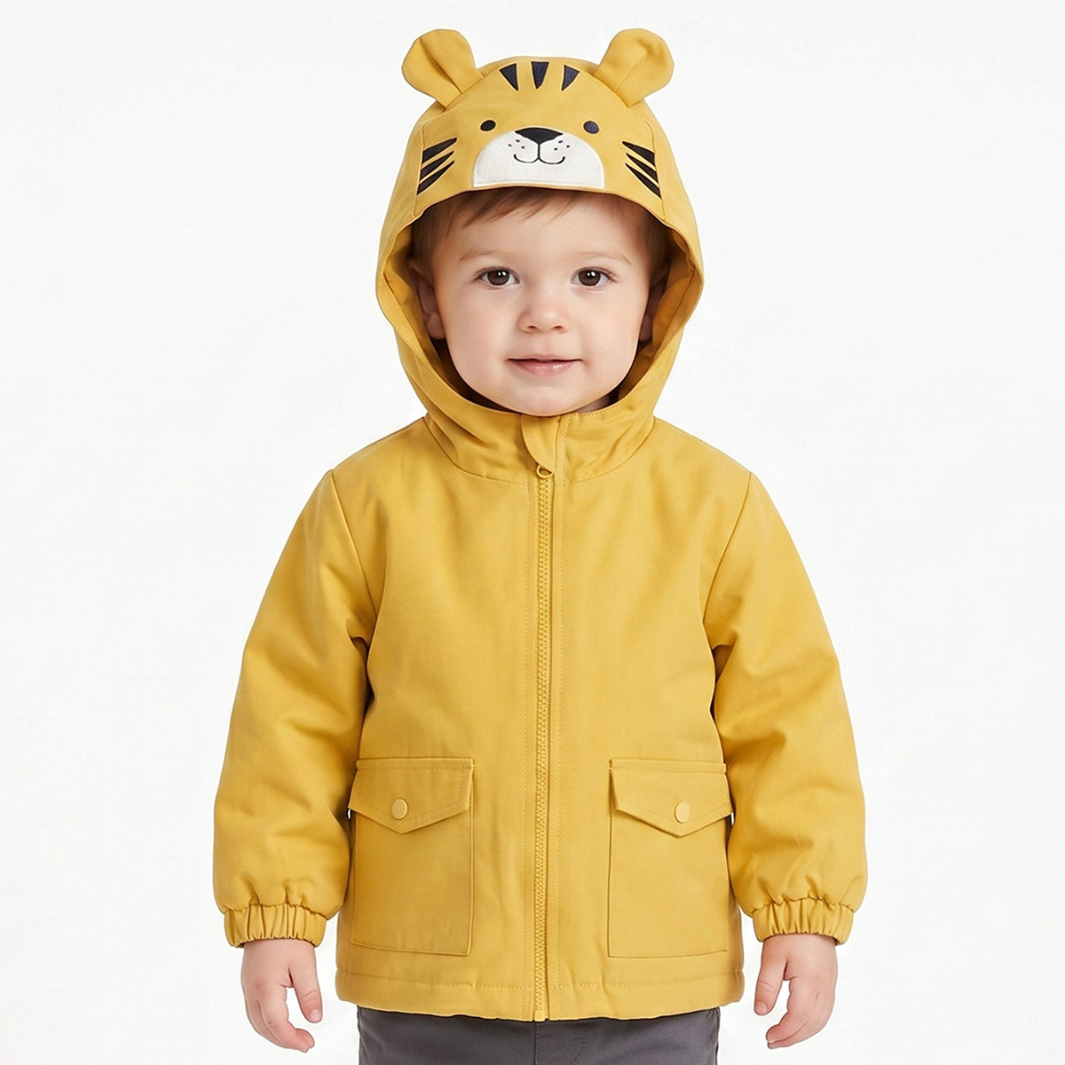 Baby Boys Yellow Hooded Padded Jacket Full Sleeves Front Open Winter Jacket with Tiger Face Hood