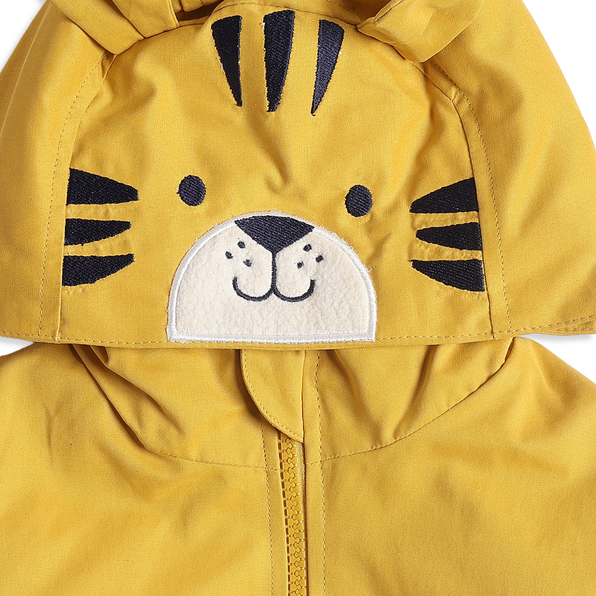 Baby Boys Yellow Hooded Padded Jacket Full Sleeves Front Open Winter Jacket with Tiger Face Hood