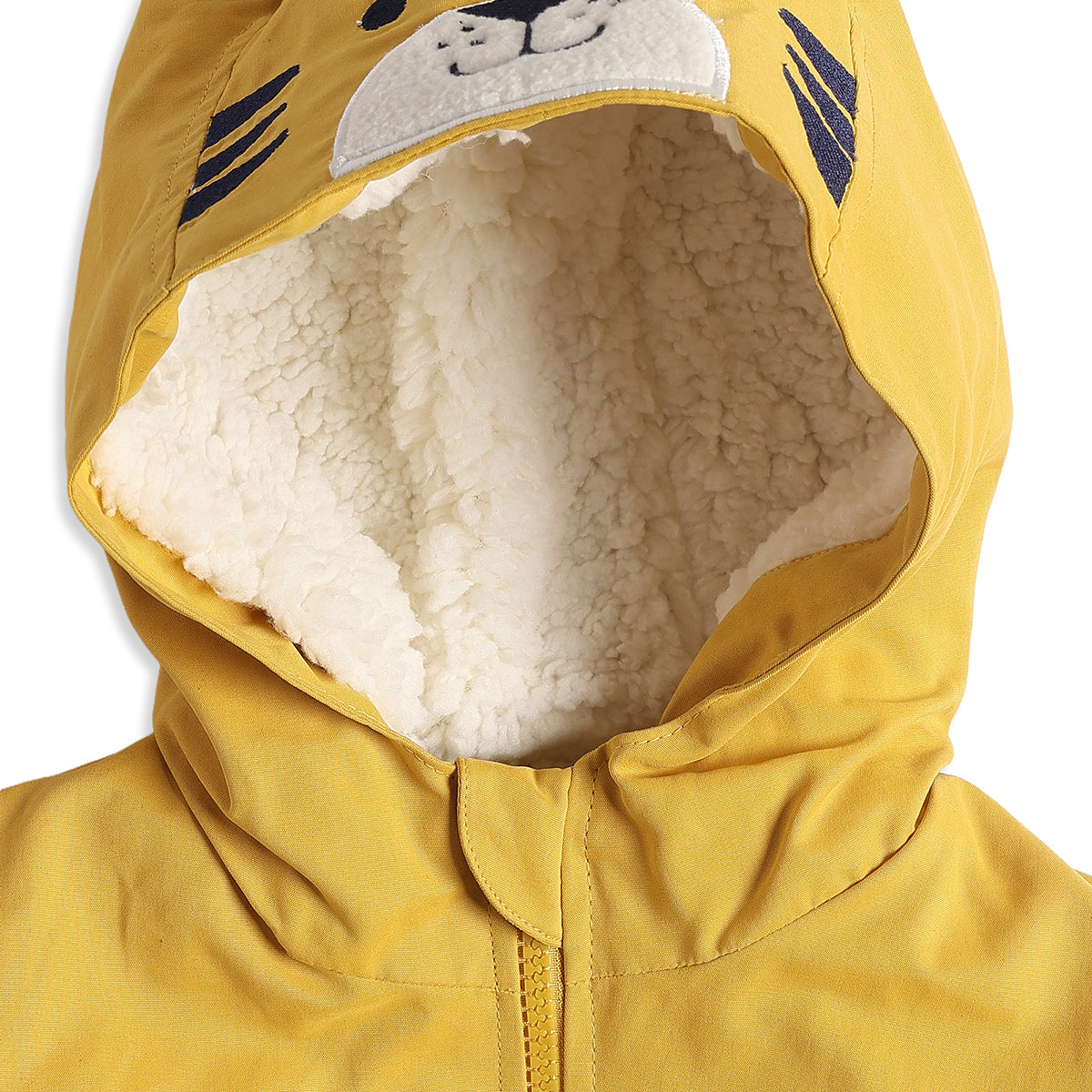 Baby Boys Yellow Hooded Padded Jacket Full Sleeves Front Open Winter Jacket with Tiger Face Hood
