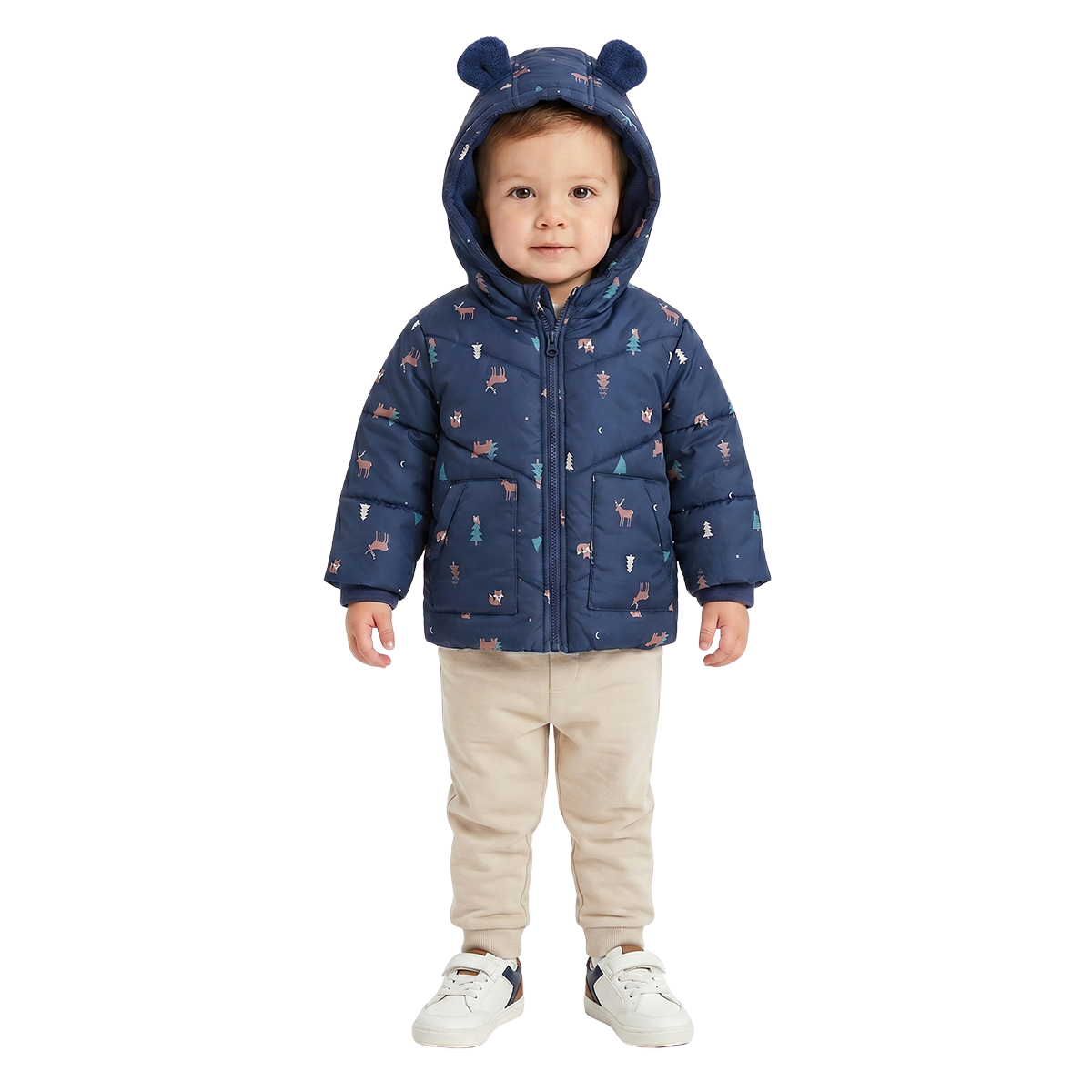 Boys Navy Blue Print Hooded Padded Jacket Front Open Winter Jacket