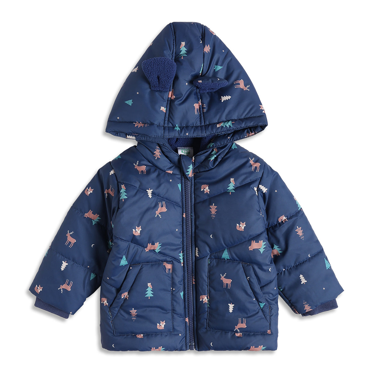 Baby Boys Navy Blue Animal Print Hooded Padded Jacket Full Sleeves Front Open Winter Jacket