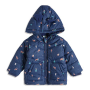 Baby Boys Navy Blue Animal Print Hooded Padded Jacket Full Sleeves Front Open Winter Jacket