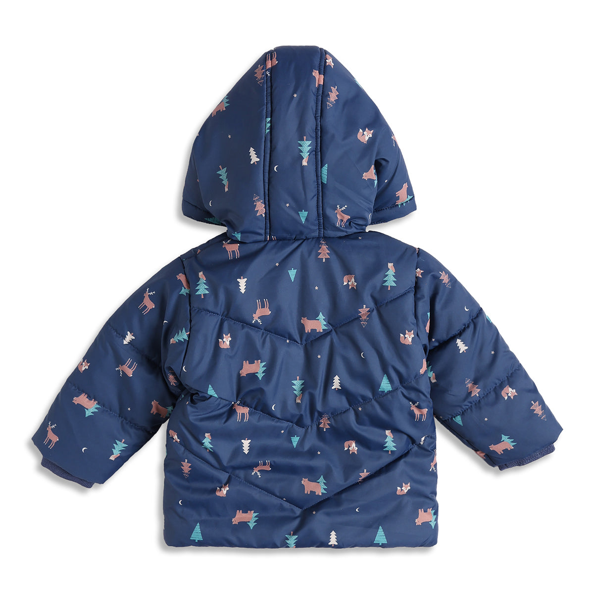 Baby Boys Navy Blue Animal Print Hooded Padded Jacket Full Sleeves Front Open Winter Jacket