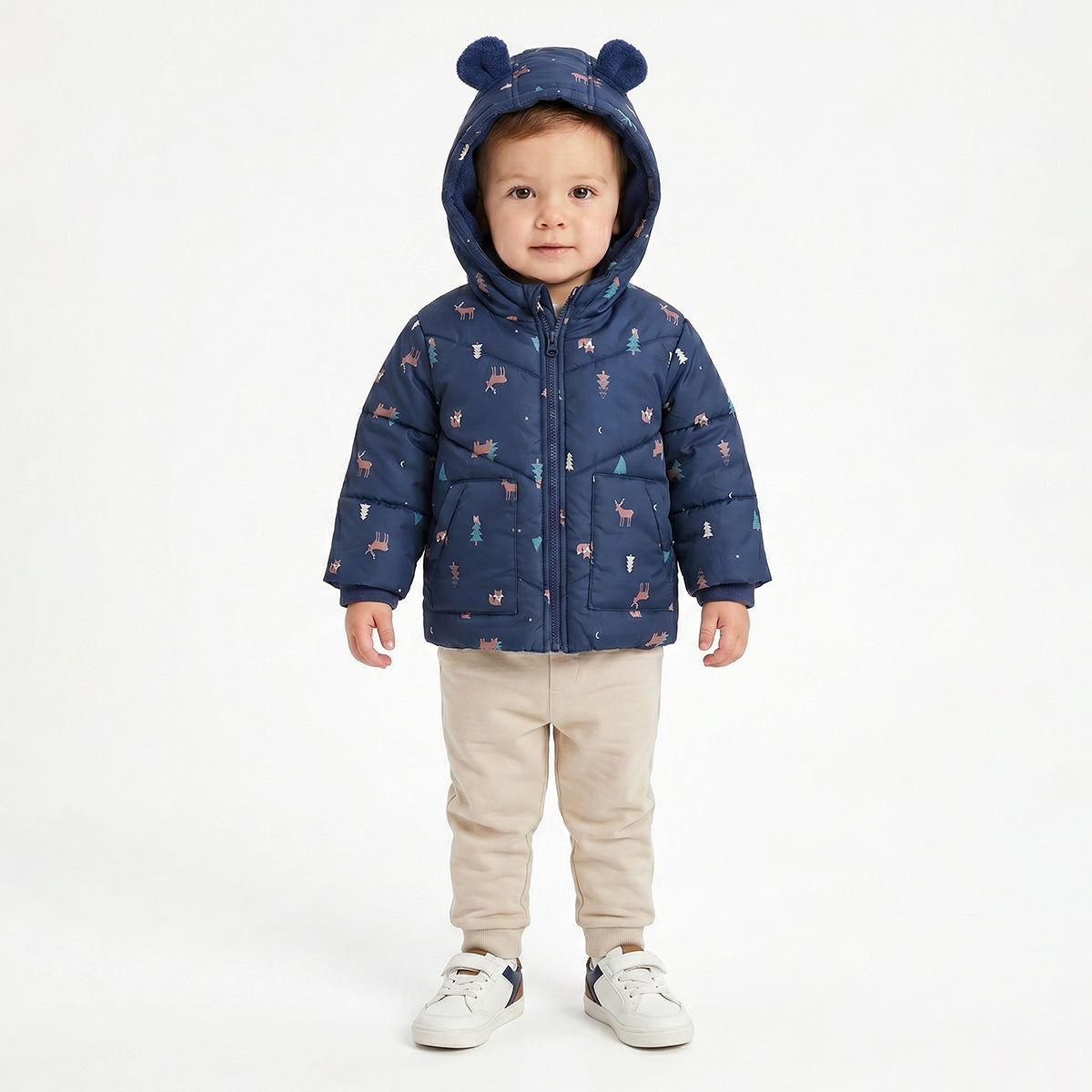Baby Boys Navy Blue Animal Print Hooded Padded Jacket Full Sleeves Front Open Winter Jacket