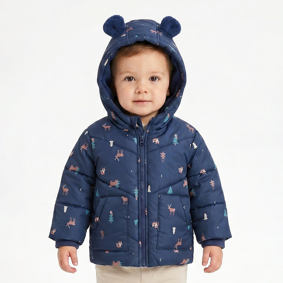 Baby Boys Navy Blue Animal Print Hooded Padded Jacket Full Sleeves Front Open Winter Jacket