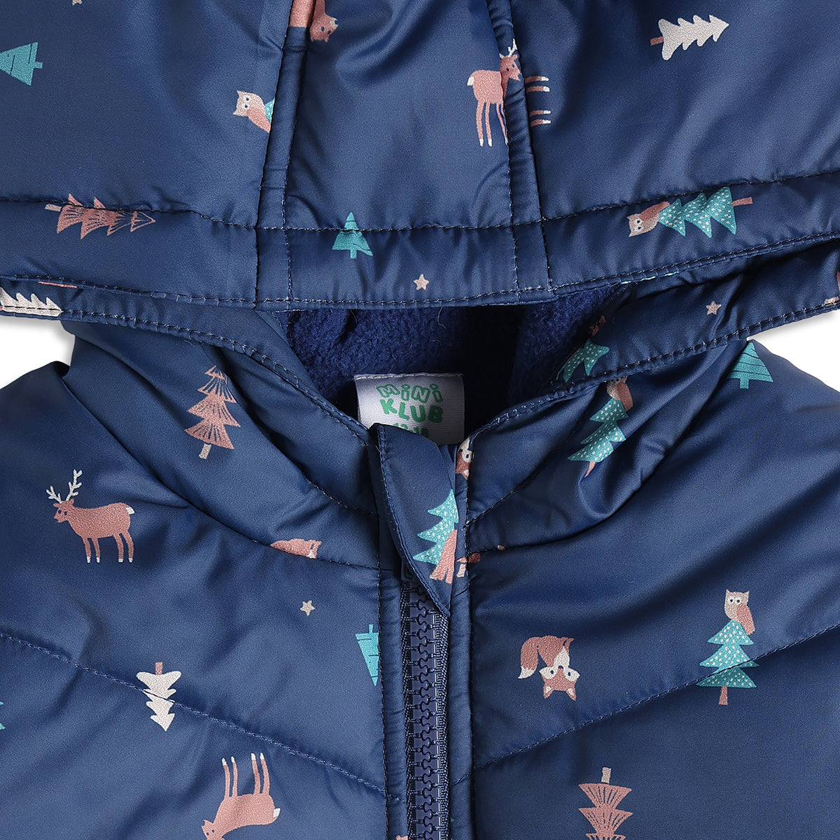 Baby Boys Navy Blue Animal Print Hooded Padded Jacket Full Sleeves Front Open Winter Jacket