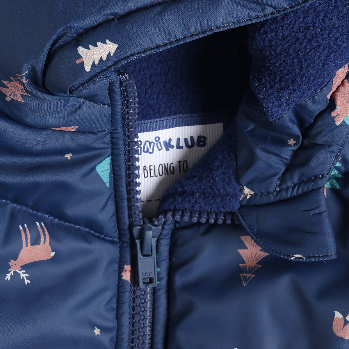 Baby Boys Navy Blue Animal Print Hooded Padded Jacket Full Sleeves Front Open Winter Jacket