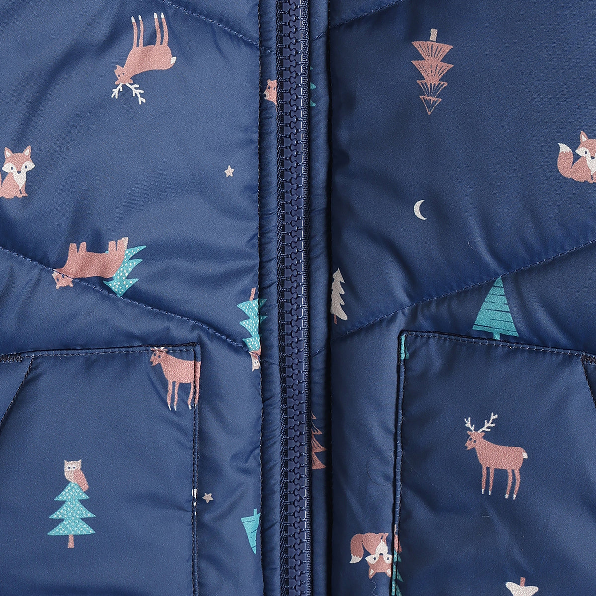 Baby Boys Navy Blue Animal Print Hooded Padded Jacket Full Sleeves Front Open Winter Jacket