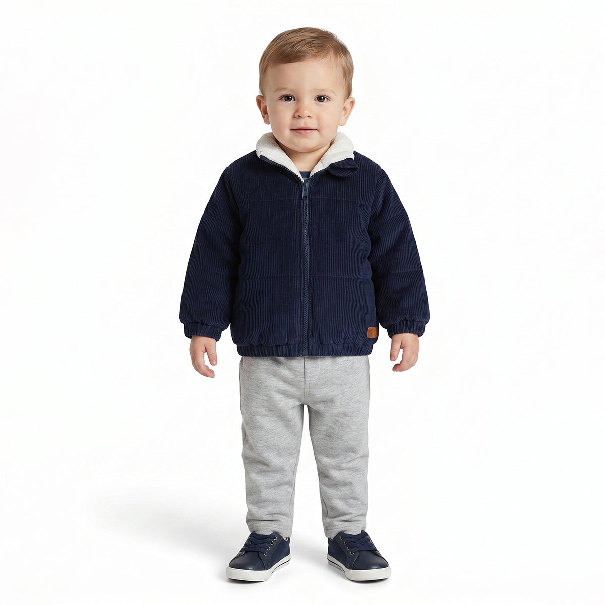 Baby Boys Navy Blue Corduroy Jacket with Sherpa Collar Full Sleeve Winter Casual Jacket