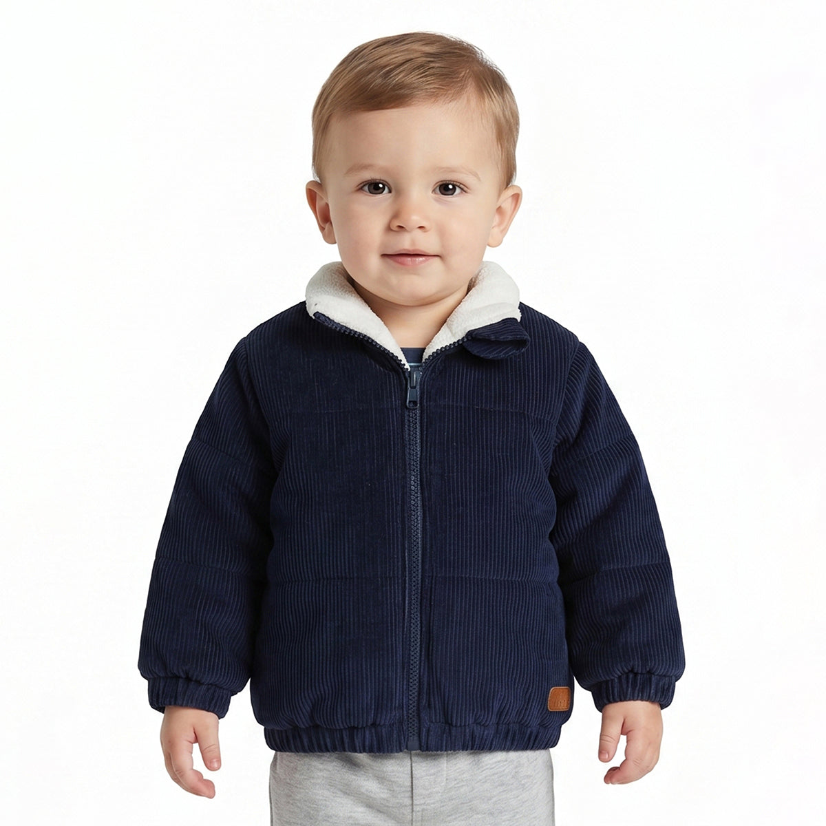 Baby Boys Navy Blue Corduroy Jacket with Sherpa Collar Full Sleeve Winter Casual Jacket