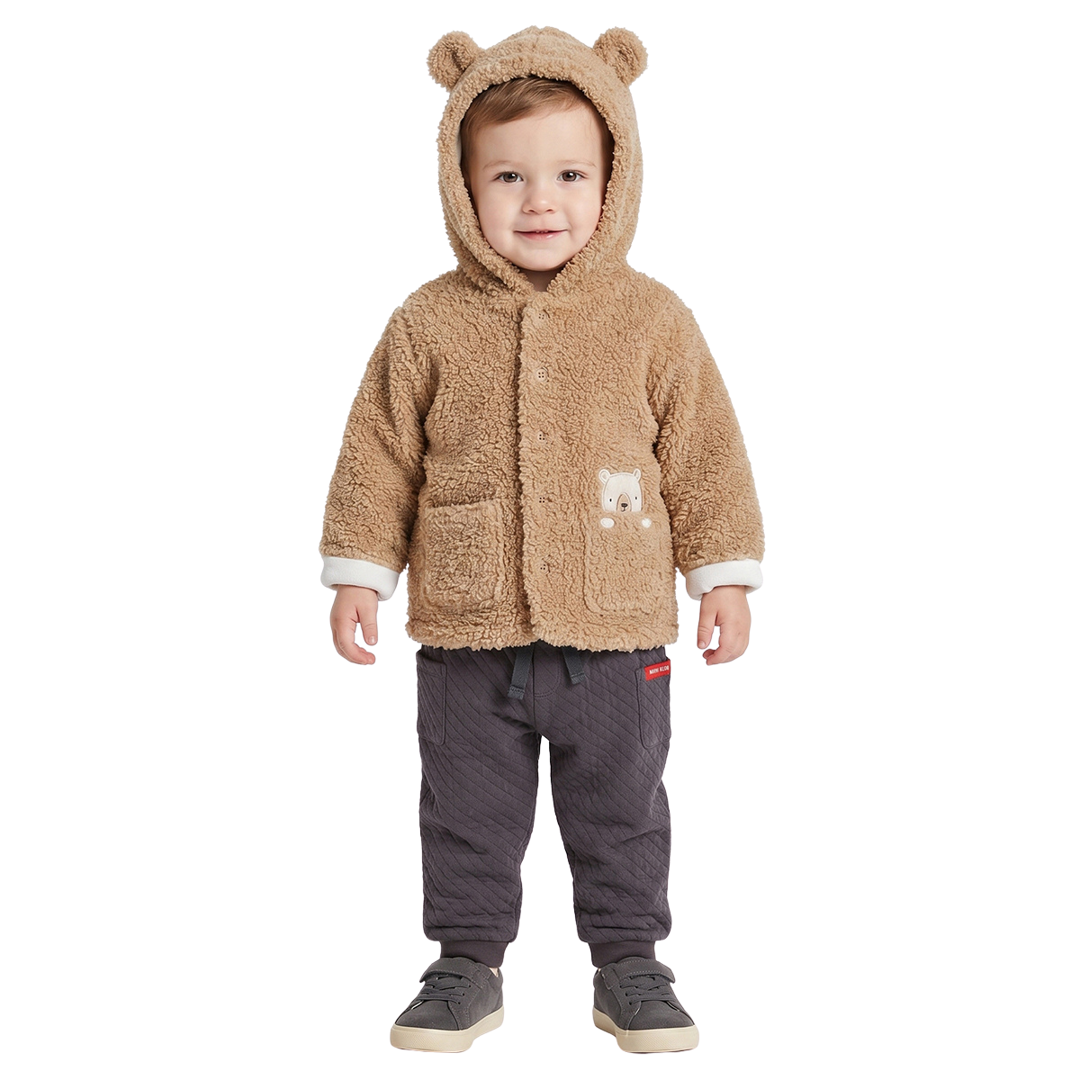 Baby Boys Beige Teddy Fleece Hooded Jacket Front Open Winter Jacket