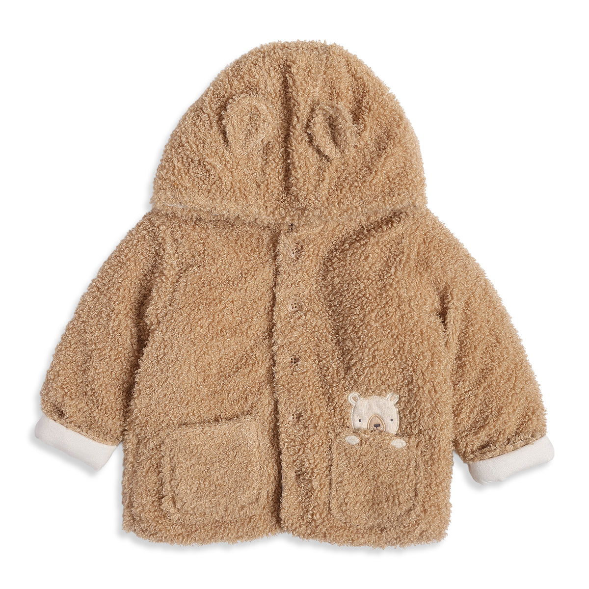 Baby Boys Beige Teddy Fleece Hooded Jacket Full Sleeves Front Open Winter Jacket