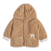Baby Boys Beige Teddy Fleece Hooded Jacket Full Sleeves Front Open Winter Jacket