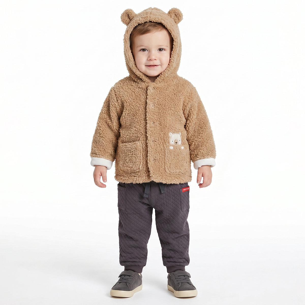 Baby Boys Beige Teddy Fleece Hooded Jacket Full Sleeves Front Open Winter Jacket