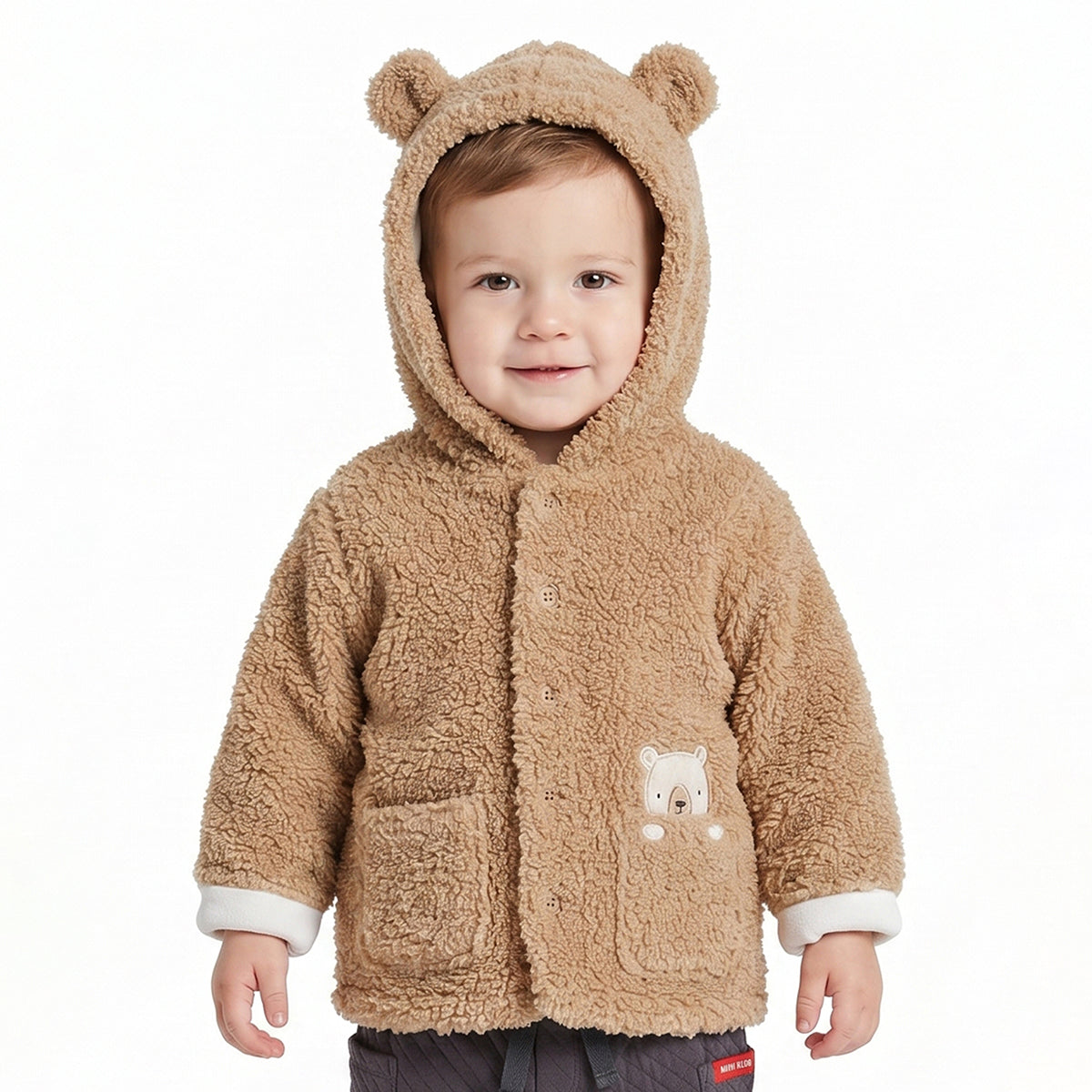 Baby Boys Beige Teddy Fleece Hooded Jacket Full Sleeves Front Open Winter Jacket