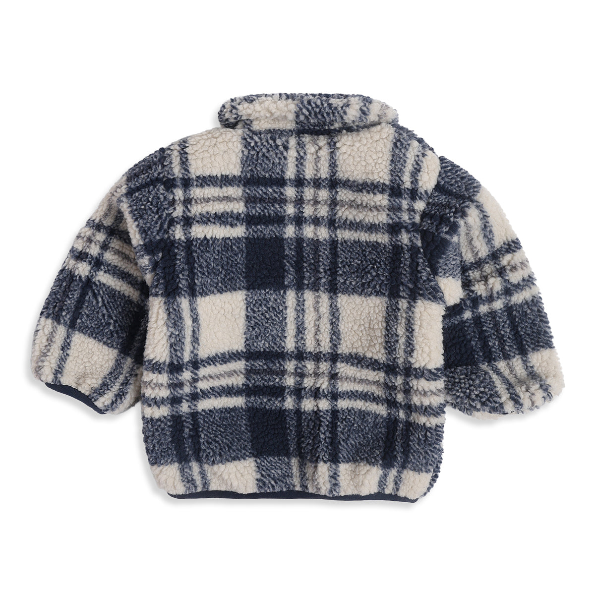 Baby Boys Navy Blue Checked Teddy Fleece Jacket Full Sleeves Front Open Winter Jacket