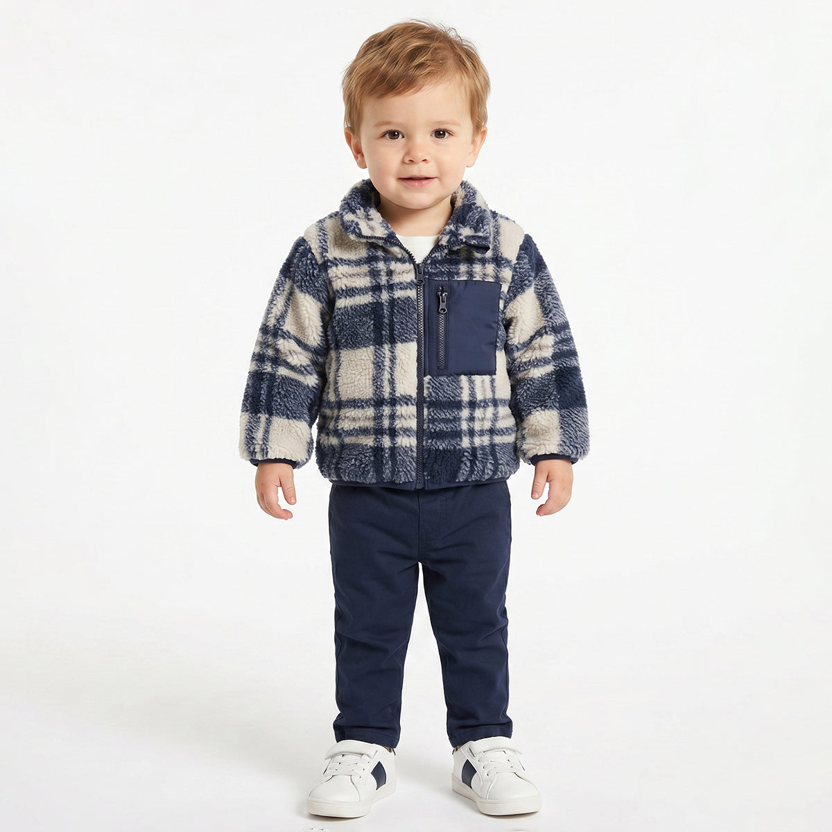Baby Boys Navy Blue Checked Teddy Fleece Jacket Full Sleeves Front Open Winter Jacket