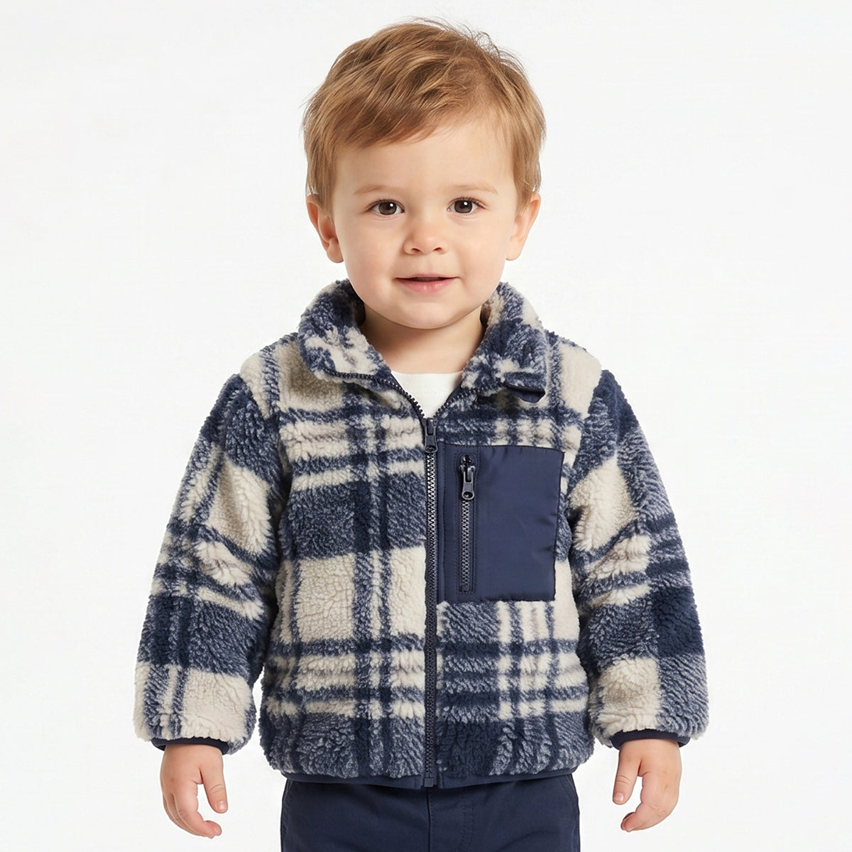 Baby Boys Navy Blue Checked Teddy Fleece Jacket Full Sleeves Front Open Winter Jacket
