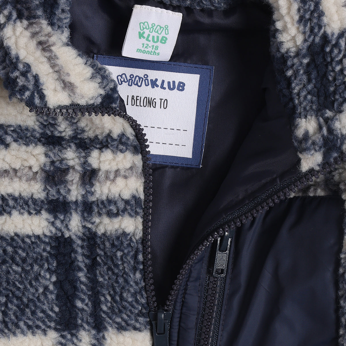 Baby Boys Navy Blue Checked Teddy Fleece Jacket Full Sleeves Front Open Winter Jacket