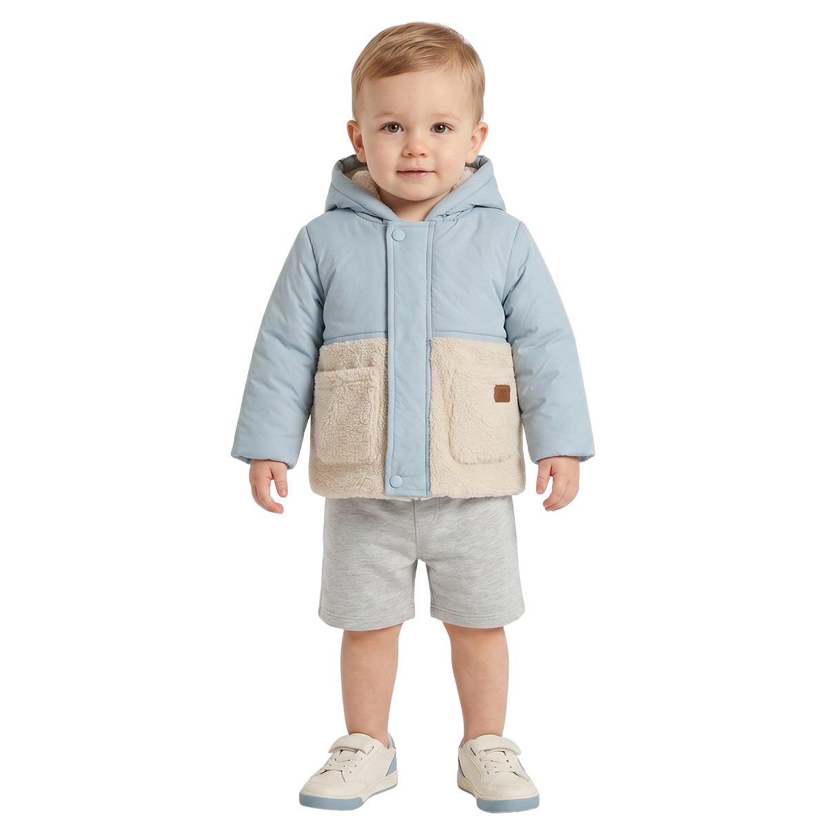 Boys Sky Blue Hooded Padded Jacket Teddy Fleece Pockets Front Open