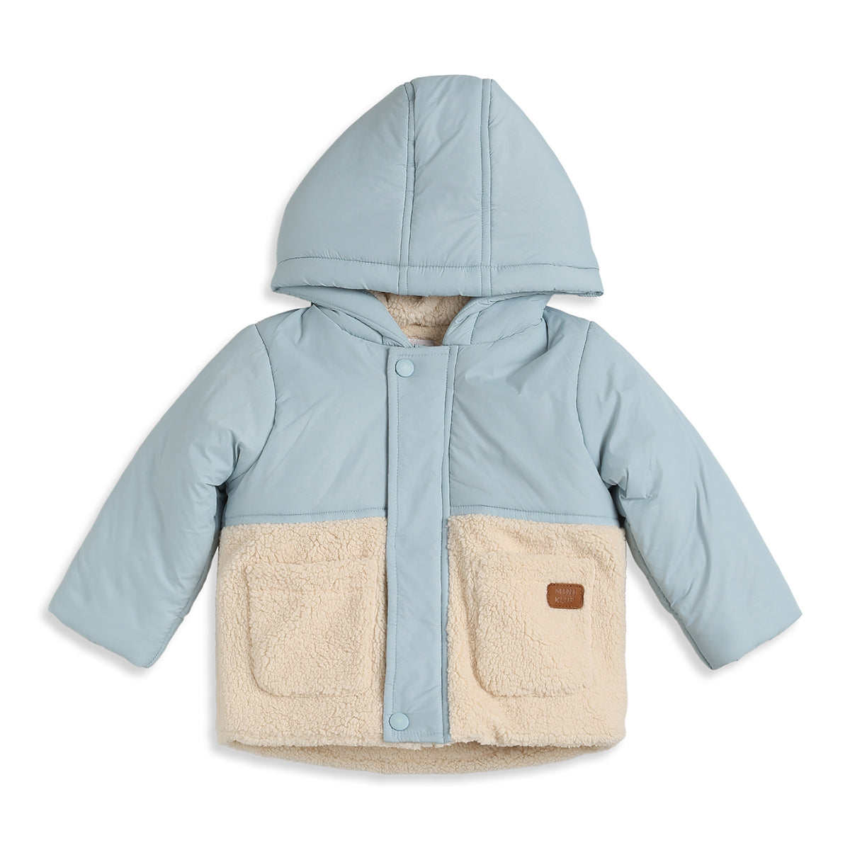 Baby Boys Sky Blue Hooded Padded Jacket with Teddy Fleece Pockets Full Sleeves Front Open Winter Jacket