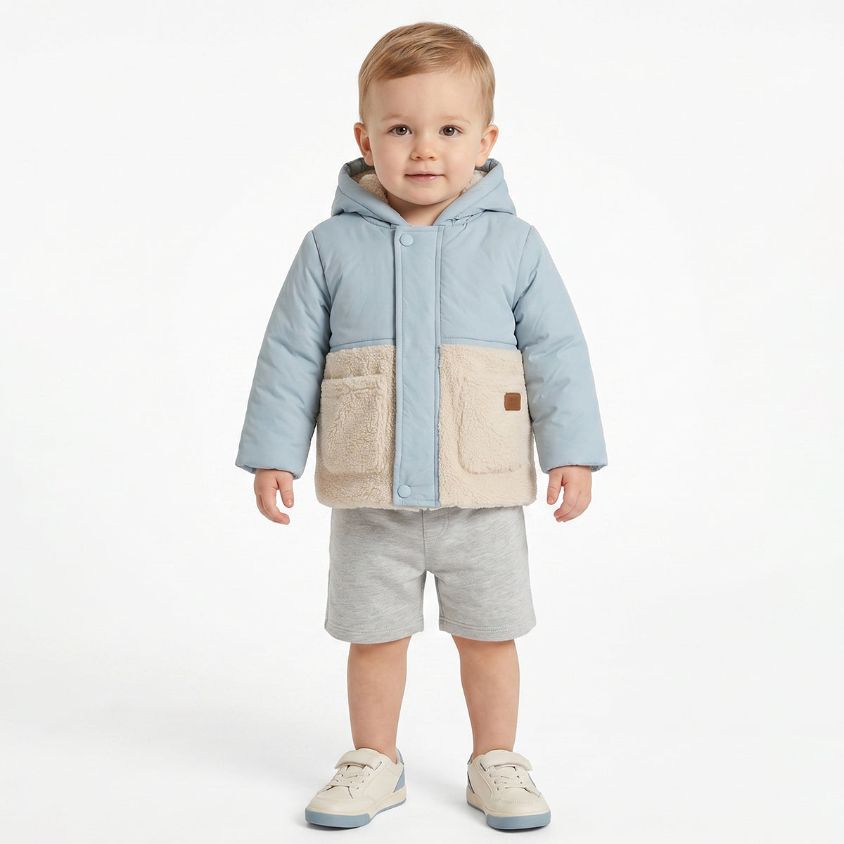 Baby Boys Sky Blue Hooded Padded Jacket with Teddy Fleece Pockets Full Sleeves Front Open Winter Jacket
