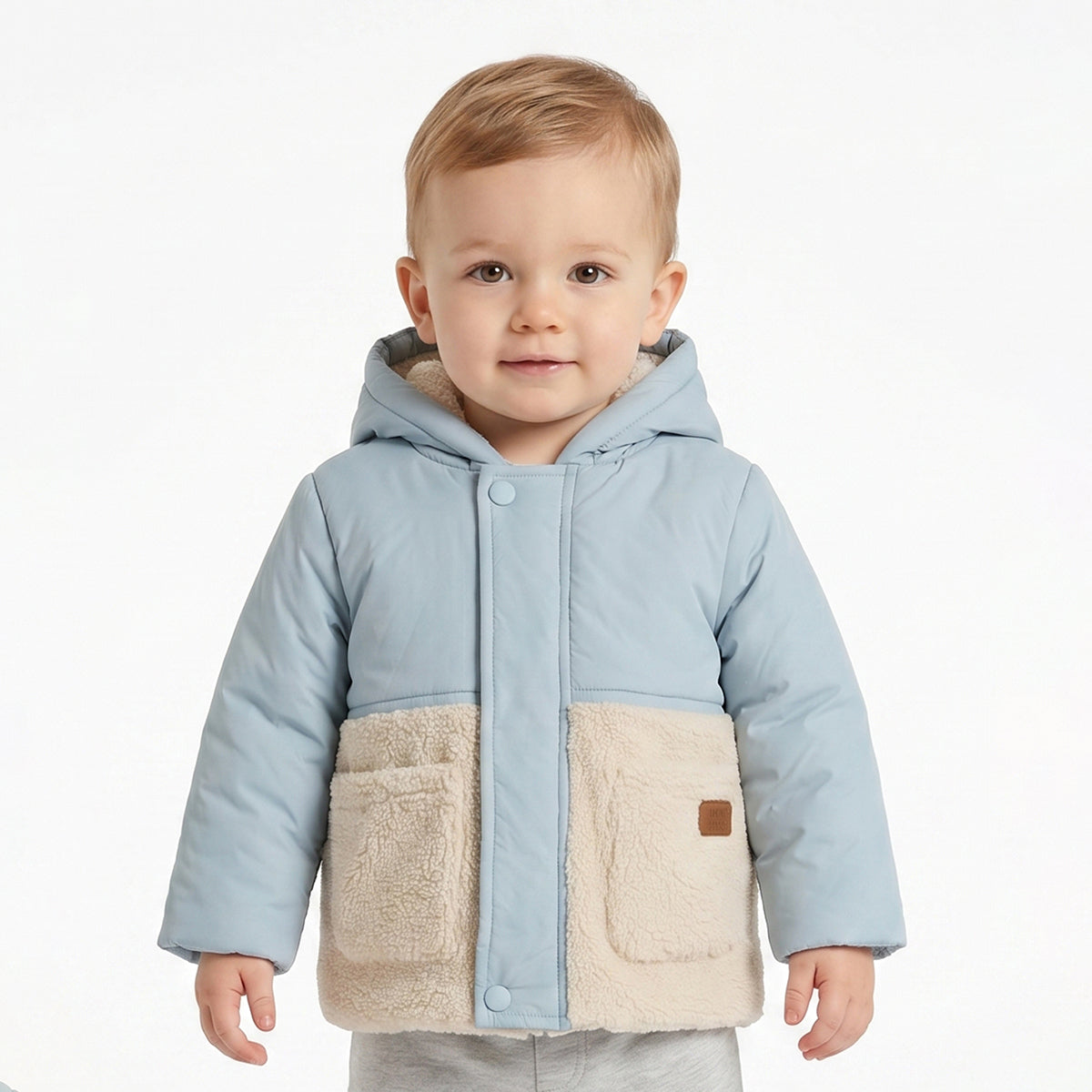 Baby Boys Sky Blue Hooded Padded Jacket with Teddy Fleece Pockets Full Sleeves Front Open Winter Jacket