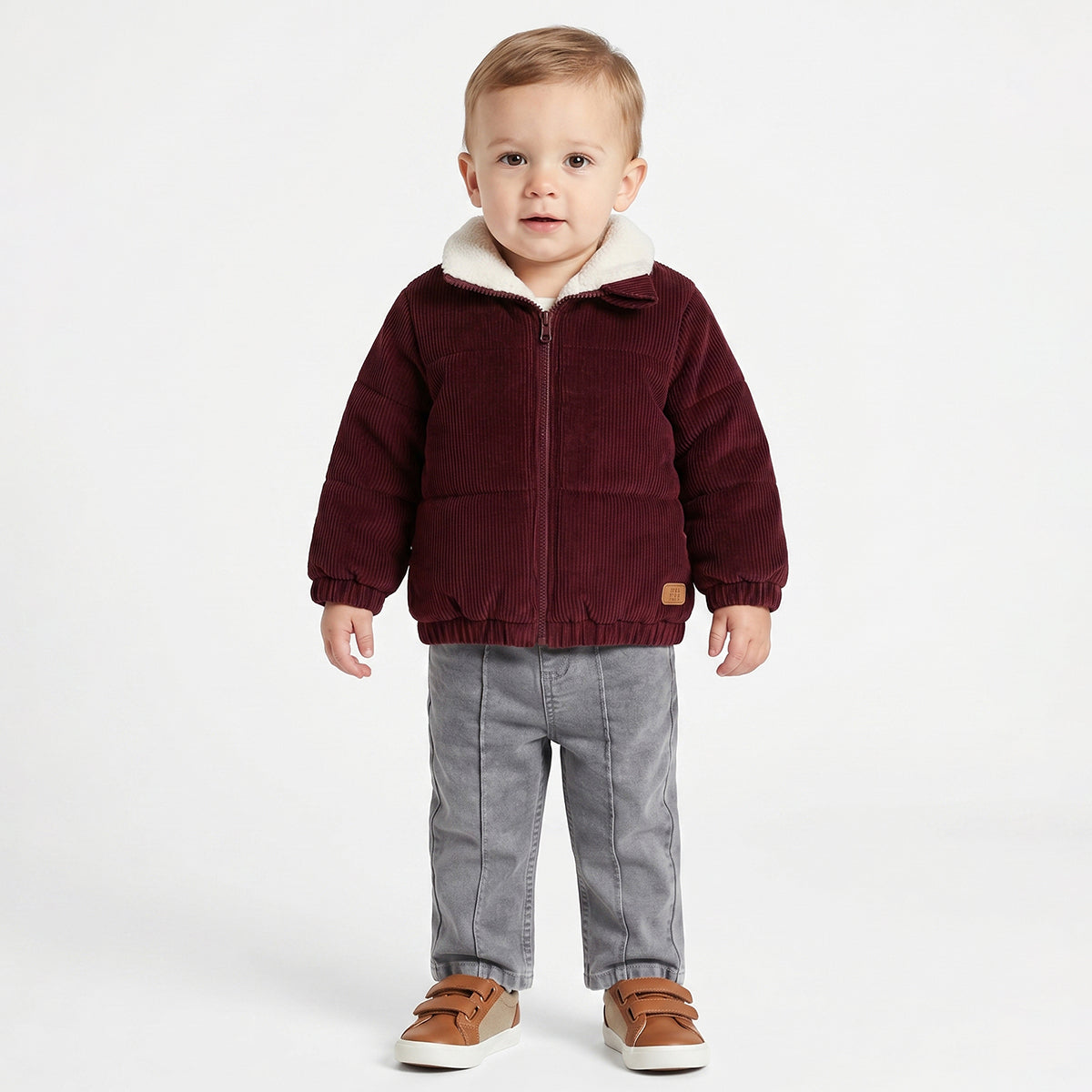 Baby Boys Maroon Corduroy Jacket with Sherpa Collar Full Sleeves Front Open Winter Jacket