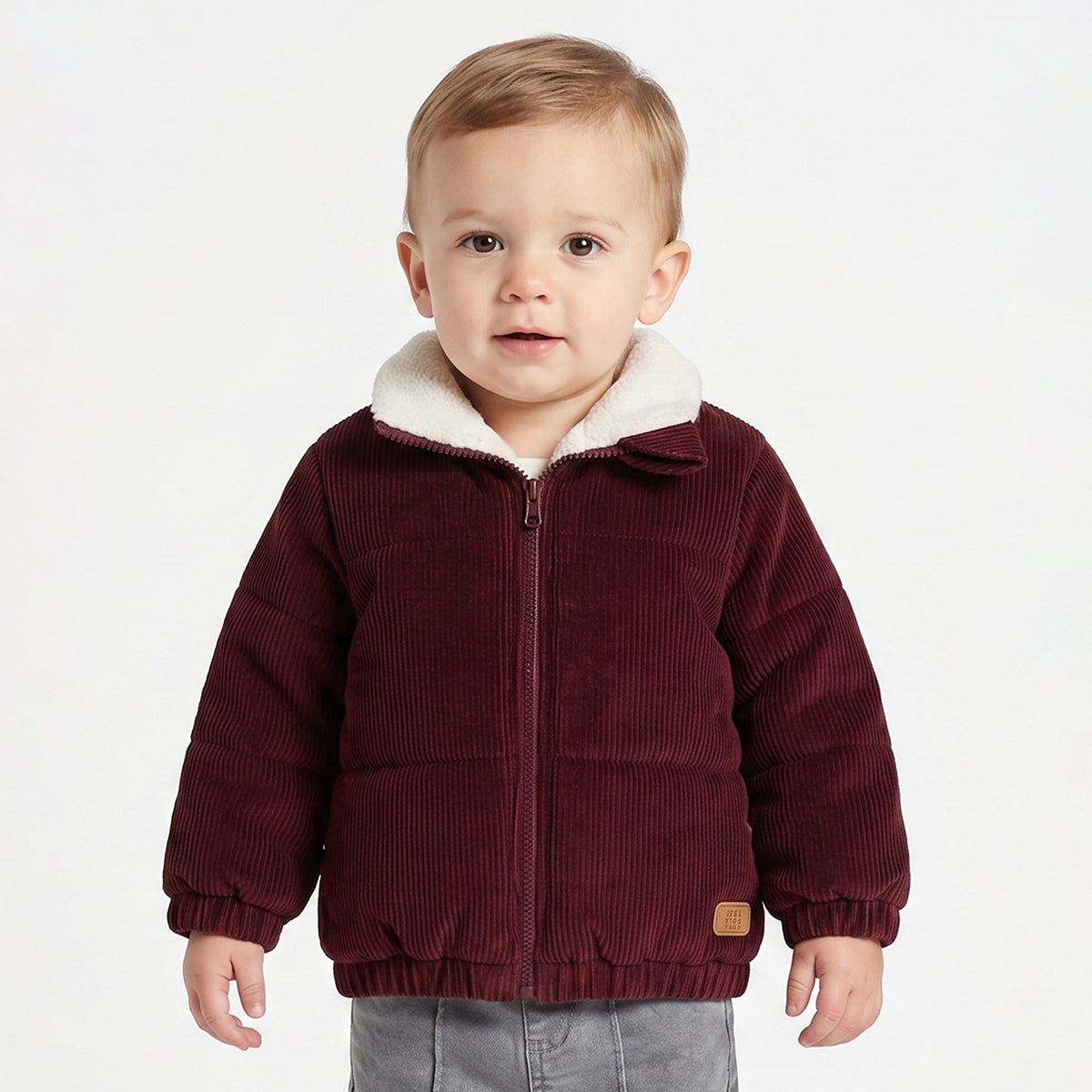 Baby Boys Maroon Corduroy Jacket with Sherpa Collar Full Sleeves Front Open Winter Jacket